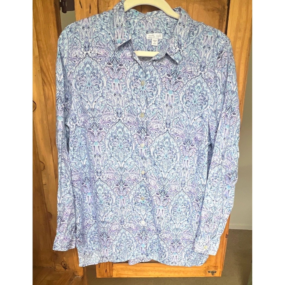 J.Jill Women's Love Linen Button-Down Shirt PL Blue Purple Paisley